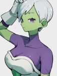  1girl bodysuit breasts cheelai colored_skin dragon_ball dragon_ball_super gloves green_skin grey_background kemachiku long_hair medium_breasts purple_bodysuit short_hair simple_background solo upper_body violet_eyes white_gloves white_hair 