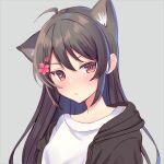  1girl animal_ear_fluff animal_ears black_hair black_hoodie blush brown_eyes cat_ears flower hair_flower hair_ornament hood hoodie long_hair original picrew sentoii shirt simple_background solo white_shirt 