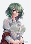  1girl bangs bra_through_clothes breasts dated eyebrows_visible_through_hair green_hair grey_background hair_between_eyes kazami_yuuka large_breasts looking_at_viewer off_shoulder parted_lips red_eyes see-through shirt short_hair sidate signature simple_background solo touhou upper_body wavy_hair wet wet_clothes wet_shirt 