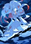  absurdres claws closed_mouth commentary_request evolutionary_line from_side highres hisuian_zoroark hisuian_zorua night outdoors pokemon pokemon_(creature) snow standing tapioka_chaso yellow_eyes 
