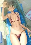  1girl alcohol ass_visible_through_thighs bangs beach_chair bikini blue_eyes blue_hair blush breasts can closed_mouth day eyebrows_visible_through_hair eyewear_on_head furuyama_itaru hair_between_eyes hatsune_miku holding holding_can long_hair lying on_back outdoors red_bikini sand small_breasts solo strong_zero sunglasses swimsuit twintails very_long_hair vocaloid 