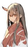  1girl brown_eyes brown_hair brown_kimono closed_mouth commentary_request highres horns japanese_clothes kimono long_hair looking_at_viewer original pointy_ears simple_background sketch solo upper_body very_long_hair white_background yuuji_(yukimimi) 