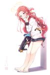  1girl absurdres against_wall blue_archive blue_eyes blush bow braid commentary_request dated forehead full_body game_console grenade_launcher halo highres hood i-tsd looking_at_viewer red_hair redhead sandals signature simple_background solo trigger_discipline weapon white_background yuzu_(blue_archive) 