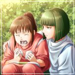 1boy 1girl absurdres bangs blunt_bangs bob_cut brown_hair bush closed_eyes commentary_request crying derrick_gear_up eating english_commentary feet_out_of_frame food green_eyes green_hair haku_(sen_to_chihiro_no_kamikakushi) hand_on_another&#039;s_shoulder highres japanese_clothes korean_commentary looking_at_another medium_hair mixed-language_commentary ogino_chihiro onigiri open_mouth ponytail rice sen_to_chihiro_no_kamikakushi short_hair squatting 