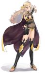  1girl absurdres ahoge bangs blonde_hair bodystocking breasts bridal_gauntlets cape covered_navel fire_emblem fire_emblem_fates full_body grey_eyes highres long_hair looking_at_viewer medium_breasts midriff mozuku_3 open_mouth ophelia_(fire_emblem) panties solo thigh-highs turtleneck underwear 
