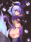 1girl animal_ears ass blue_hair breasts cat_ears character_request commentary cougar_(cougar1404) gloves looking_at_viewer open_mouth paw_pose short_hair solo tail thigh-highs thong violet_eyes 
