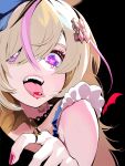  1girl black_background blonde_hair blood eyebrows_behind_hair fangs frills hair_ornament heart heart-shaped_pupils highres hololive kannougame looking_at_viewer multicolored_hair omaru_polka open_mouth pink_hair solo streaked_hair symbol-shaped_pupils tongue tongue_out virtual_youtuber 