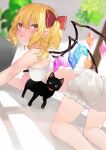 1girl absurdres all_fours artist_name ass bangs bare_shoulders black_cat blonde_hair bloomers blurry blurry_background blush bow bowtie bra breasts cat commentary_request crystal dutch_angle eyebrows_visible_through_hair feet_out_of_frame fisheye flandre_scarlet hair_between_eyes hair_bow highres looking_at_viewer looking_back niseneko_(mofumofu_ga_ienai) no_hat no_headwear one_side_up parted_lips plant potted_plant red_bow red_eyes red_neckwear short_hair small_breasts solo touhou tree underwear underwear_only wings 