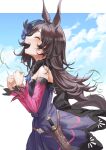  1girl absurdres animal_ears black_hair blue_flower blue_rose blue_sky blush clenched_hands closed_eyes clouds dagger day dress flower haruyuki_(gffewuoutgblubh) highres horse_ears horse_girl knife long_hair open_mouth profile purple_dress rice_shower_(umamusume) rose sky solo sweat teeth tilted_headwear umamusume upper_teeth weapon 
