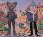  1girl 2boys aggressive_retsuko animal_ears architecture blue_eyes blush brown_eyes building casual cerealnei chain clouds concrete donkey fang fence flag furry green_eyes haida_(aggretsuko) holding hyena jacket leather leather_jacket long_sleeves looking_at_viewer multiple_boys palm_tree pastel_colors patch plant pole power_lines punk red_panda retsuko sanrio sharp_teeth shirt shoes skirt sneakers socks t-shirt tadano_(aggretsuko) tail teeth torn_clothes tree writing zipper 