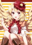  1girl :d animal_on_head bangs bird bird_on_head bird_wings blonde_hair boots brown_footwear chick dress eyebrows_visible_through_hair highres index_finger_raised knees_up looking_at_viewer multicolored multicolored_background multicolored_hair niwatari_kutaka on_head open_mouth orange_skirt pointing pointing_up red_eyes redhead ruu_(tksymkw) short_hair short_sleeves sitting skirt smile striped striped_background touhou two-tone_hair white_background white_dress wings yellow_background yellow_wings 