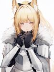  1girl absurdres animal_ear_fluff animal_ears arknights armor bangs black_gloves blemishine_(arknights) blonde_hair blush commentary_request extra_ears eyebrows_visible_through_hair fur-trimmed_armor gloves highres horse_ears horse_girl horse_tail knight light_smile long_hair looking_at_viewer plate_armor ponytail revision simple_background solo tab_head tail white_background yellow_eyes 