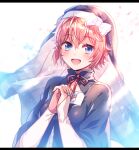  1girl aicedrop blue_eyes bow brown_hair doki_doki_literature_club eyebrows_visible_through_hair habit hair_bow hands_clasped looking_at_viewer nun open_mouth own_hands_together pink_hair red_bow ribbon sayori_(doki_doki_literature_club) short_hair smile solo 