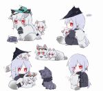  ... 4girls ahoge andreana_(arknights) animal animal_hug animalization aqua_headwear arknights ascot black_coat black_headwear black_neckwear bowl brushing cape cat chibi coat commentary crying crying_with_eyes_open earrings eyewear_on_head fluffy food_bowl grey_fur hair_ornament hair_over_one_eye hat holding holding_animal holding_cat jewelry multiple_girls multiple_tails necklace open_clothes open_coat orca_hair_ornament purple_fur red_eyes silver_hair sitting skadi_(arknights) skadi_(waverider)_(arknights) skadi_the_corrupting_heart_(arknights) sleeping smile sparkle specter_(arknights) spoken_ellipsis sunglasses symbol_commentary tail tears tongue tongue_out white_background zhu_mianzi zzz 