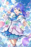  1girl :3 angel_wings balloon bangs bare_legs blue_bow blue_hair blue_ribbon blue_shirt blue_skirt blue_sky blush boots bow buttons clouds coat commentary_request copyright_name feet_out_of_frame finger_gun frilled_shirt_collar frilled_skirt frills green_ribbon hair_ornament hair_ribbon headset highres key layered_skirt leg_ribbon looking_at_viewer matanonki microphone nijisanji off-shoulder_coat off_shoulder official_art one_eye_closed open_clothes open_coat open_mouth outdoors pink_ribbon plaid plaid_bow pointing pointing_at_viewer ribbon shirt short_twintails skirt sky sleeveless sleeveless_shirt solo sparkling_eyes star_(symbol) star_hair_ornament twintails virtual_youtuber white_coat white_footwear wings yuuki_chihiro 