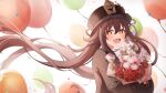  1girl :d balloon bangs blurry blurry_background blush bouquet brown_hair brown_headwear brown_shirt commentary_request confetti eyebrows_visible_through_hair fang floating_hair flower flower-shaped_pupils flower_request from_side genshin_impact gya_(144) hair_between_eyes highres holding holding_bouquet hu_tao_(genshin_impact) long_hair long_sleeves looking_at_viewer looking_to_the_side open_mouth red_eyes red_flower red_rose rose shirt simple_background skin_fang smile solo twintails very_long_hair white_background white_flower 