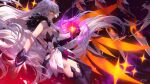  1girl angry ass back bangs bare_shoulders black_gloves black_legwear breasts ein_lee elbow_gloves gloves hair_between_eyes hair_ornament honkai_(series) honkai_impact_3rd kiana_kaslana kiana_kaslana_(herrscher_of_the_void) long_hair looking_at_viewer looking_back mismatched_gloves open_mouth outstretched_arm polearm sideboob solo spear teeth thigh-highs weapon white_gloves white_hair wings yellow_eyes 