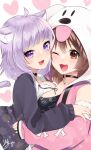  2girls :d ;d animal_ears animal_hood bangs blunt_bangs blush breasts brown_eyes cat_ears cat_tail commentary_request dog_hood eyebrows_visible_through_hair heart highres hololive hood inugami_korone isuka looking_at_viewer medium_breasts multiple_girls nekomata_okayu one_eye_closed open_mouth signature simple_background smile tail violet_eyes virtual_youtuber white_background 