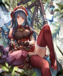  1girl 77gl bangs binoculars black_bow black_hair bow breasts bug butterfly eyebrows_visible_through_hair frilled_legwear hat insect long_hair looking_at_viewer medium_breasts puffy_short_sleeves puffy_sleeves red_eyes red_legwear shingeki_no_bahamut short_sleeves sitting solo telescope thigh-highs 