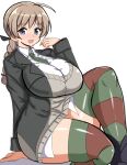  1girl blue_eyes blush braid breasts brown_hair huge_breasts kimisono long_hair looking_at_viewer lynette_bishop multicolored multicolored_clothes multicolored_legwear shiny shiny_hair shiny_skin simple_background single_braid sitting smile solo strike_witches striped striped_legwear sweater_vest thick_thighs thigh-highs thighs white_background world_witches_series 