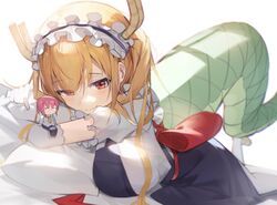  dragon_girl dragon_tail duplicate kkj25 kobayashi-san_chi_no_maidragon looking_at_viewer maid on_bed tail tohru_(maidragon) white_background 