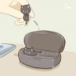  1other :3 animal black_cat blue_background cat cellphone hands highres hima_jin_(fd_jin) holding holding_animal holding_cat motion_lines original phone shadow signature smartphone undersized_animal wireless_earphones 