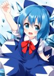  1girl :d arm_up bangs blue_background blue_bow blue_dress blue_eyes blue_hair bow bowtie cirno clenched_hand dress eyebrows_visible_through_hair from_above hair_bow highres ice ice_wings looking_at_viewer open_mouth pinafore_dress red_bow red_neckwear ruu_(tksymkw) shirt short_hair short_sleeves smile solo touhou white_shirt wings 