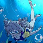  1girl :d artist_request bangs bare_shoulders barefoot bronya_zaychik drill_hair earrings fish goggles grey_eyes grey_hair hair_between_eyes honkai_(series) honkai_impact_3rd in_water jewelry ocean official_art one-piece_swimsuit open_mouth smile soles solo swimming swimsuit toes 