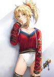 1girl bangs blonde_eyebrows blonde_hair braid breasts closed_mouth collar commentary_request fate/apocrypha fate_(series) french_braid green_eyes hair_ornament hair_scrunchie highres leotard long_hair long_sleeves looking_at_viewer mordred_(fate) mordred_(fate)_(all) no_panties parted_bangs ponytail red_sweater scrunchie small_breasts sweater thighs tonee white_leotard