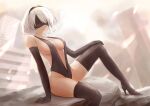  1girl black_gloves black_hairband black_legwear black_swimsuit blindfold boots breasts closed_mouth elbow_gloves gloves hairband hand_on_own_knee highres lips medium_breasts mole mole_under_mouth navel nier_(series) nier_automata one-piece_swimsuit sebu_illust short_hair sideboob sitting skindentation slingshot_swimsuit solo swimsuit thigh-highs thigh_boots thighs white_hair yorha_no._2_type_b 