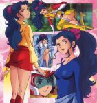  1970s_(style) 1girl aqua_hair black_eyes blue_leotard boots choudenji_machine_voltes_v dress helmet high_ponytail leotard long_hair long_sleeves looking_at_viewer miniskirt multiple_views official_art oka_megumi open_mouth panels panties pantyshot parted_lips red_skirt retro_artstyle skirt smile solo thigh-highs thigh_boots underwear white_panties yellow_footwear 
