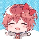  1girl :d aicedrop bow closed_eyes doki_doki_literature_club eyebrows_visible_through_hair hair_bow hair_ornament open_mouth outstretched_arms pink_hair red_bow ribbon sayori_(doki_doki_literature_club) school_uniform short_hair smile solo spread_arms 