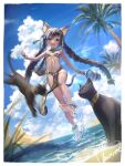 1girl :d animal animal_ears artist_name barefoot beach bikini black_hair blue_sky braid breasts cat cat_ears cat_tail clouds clover_theater day green_eyes highres long_hair looking_at_viewer motion_blur observerz ocean open_mouth outdoors palm_tree sky small_breasts smile soles solo striped striped_bikini swimsuit tail tree twin_braids very_long_hair water white_bikini 