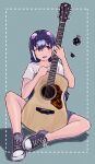  1girl absurdres alternate_costume black_hair casual commentary_request guitar hair_between_eyes highres humboldt_penguin_(kemono_friends) instrument kemono_friends multicolored_hair purple_footwear purple_hair purple_shorts shirt shoes short_hair short_sleeves shorts sitting sneakers solo streaked_hair t-shirt toriny white_hair white_shirt 