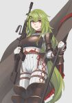  1girl armor bangs breastplate fingerless_gloves flag girls_frontline gloves green_hair grey_background gun hair_ornament heart heart_in_eye highres holding holding_flag holding_gun holding_weapon long_hair looking_at_viewer machine_gun mk48 mk48_(girls_frontline) official_alternate_costume red_eyes simple_background smile solo standing symbol_in_eye tab_(tabkun) weapon white_gloves 