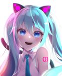  1girl bare_shoulders blackdog_01 blue_eyes blue_neckwear cat_ear_headphones cat_tail eyelashes fang hatsune_miku headphones highres light_blue_hair looking_at_viewer necktie open_mouth shirt smile tail tattoo twintails vocaloid white_background white_shirt 