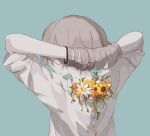  1boy absurdres avogado6 blue_background commentary_request flower from_behind grey_hair hair_lift hands_up highres mole mole_on_neck nape original shirt simple_background solo white_flower white_shirt wristband yellow_flower 
