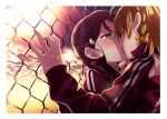  2girls blush bow braid chain-link_fence closed_eyes clouds commentary_request eyebrows_visible_through_hair fence french_kiss hair_bow half_updo hand_on_another&#039;s_chin highres jacket kiss kougi_hiroshi long_hair love_live! love_live!_sunshine!! multiple_girls orange_eyes orange_hair outdoors purple_hair red_jacket sakurauchi_riko short_hair side_braid sunset takami_chika tearing_up tongue track_jacket yellow_bow yuri 