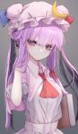  1girl absurdres alternate_hairstyle ascot book closed_mouth crescent eyebrows_visible_through_hair grey_background hat highres holding holding_book long_hair looking_at_viewer mob_cap patchouli_knowledge purple_hair red_neckwear simple_background smile solo touhou tsune_(tune) violet_eyes 