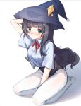  1girl absurdres black_hair blush colared_shirt commentary_request green_eyes guzangnanfeng hat highres long_hair looking_at_viewer neck_ribbon no_shoes original red_ribbon ribbon school_uniform shirt solo thighs white_background white_legwear white_shirt witch_hat 