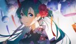  1girl alternate_costume backlighting blue_eyes blue_flower blue_hair blurry blurry_background camellia chromatic_aberration close-up closed_eyes depth_of_field earrings face facing_viewer fan floral_print flower flower_earrings gradient gradient_background hair_flower hair_ornament hairclip hand_up hatsune_miku highres holding holding_fan hua_ben_wuming japanese_clothes jewelry kimono leaf_print light_blue_background light_particles light_smile lips long_hair looking_back paper_fan purple_flower purple_kimono red_flower shiny shiny_hair sideways_glance simple_background solo tsurime uchiwa upper_body very_long_hair vocaloid white_flower wind_chime x_hair_ornament yellow_flower 
