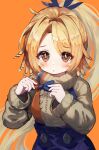  1girl arknights bangs beige_sweater brown_hair buttons eyebrows_visible_through_hair feather_hair frown greypidjun highres holding_bowtie long_hair long_sleeves looking_at_viewer orange_background orange_eyes pinecone_(arknights) ponytail simple_background solo sweater 