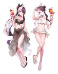  1girl absurdres alternate_hairstyle barefoot_sandals bikini bikini_skirt black_bikini bow bow_choker brown_hair chichikakao_puppy collarbone cup double_bun drinking_straw eyebrows_visible_through_hair head_tilt highres holding holding_cup long_hair midriff multicolored_hair navel nijisanji open_mouth pink_hair ponytail red_eyes smile streaked_hair swimsuit twintails very_long_hair virtual_youtuber white_bikini white_bow white_hair yorumi_rena 