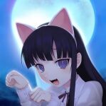  1girl animal_ears bangs black_hair brown_neckwear cat_ears collared_shirt hazuki_(tsukuyomi) long_hair long_sleeves moon night ompf open_mouth paw_pose shirt tsukuyomi_moonphase violet_eyes white_shirt 