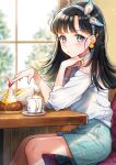  1girl artist_name bangs black_hair blue_skirt bracelet cake cherry coffee coffee_mug cup day dessert earrings food fruit hairband highres indoors jewelry long_hair long_sleeves mug multicolored multicolored_eyes original piroshiki123 plaid plaid_skirt sandwich shirt sitting skirt solo table whipped_cream white_hairband white_shirt window 