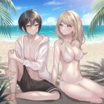 1boy 1girl :o akamatsu_kaede bangs banned_artist beach bikini black_hair blonde_hair collarbone commentary_request dangan_ronpa_(series) dangan_ronpa_s:_ultimate_summer_camp dangan_ronpa_v3:_killing_harmony day duplicate hair_ornament highres knee_up long_hair long_sleeves looking_at_another male_swimwear nabekokoa navel ocean official_alternate_costume outdoors saihara_shuuichi short_hair sitting smile stomach swimsuit white_bikini