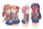  4girls bangs blazer blush book bow brown_hair closed_eyes covering_face doki_doki_literature_club green_eyes hair_ornament hairclip hug jacket long_hair monika_(doki_doki_literature_club) multiple_girls natsuki_(doki_doki_literature_club) pink_hair ponytail purple_hair sayori_(doki_doki_literature_club) school_uniform short_hair smile tsubobot white_bow yuri_(doki_doki_literature_club) 