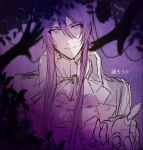  1boy cravat disembodied_limb evillious_nendaiki glowing glowing_eyes hair_between_eyes highres kamui_gakupo leaf limited_palette long_hair looking_at_viewer outstretched_hand purple_background purple_hair sateriasis_venomania sidelocks silhouette sketch smile solo_focus venomania_kou_no_kyouki_(vocaloid) violet_eyes vocaloid warabi_(danngo-mitarasi) 