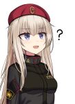  1girl :d ? ak-74m_(girls_frontline)_(rabochicken) beret blonde_hair blue_eyes blush breasts cyrillic eyebrows_visible_through_hair girls_frontline hat highres jacket long_hair looking_up open_mouth original red_star smile solo star_(sky) uniform white_background yakob_labo 