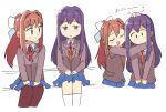  black_legwear blazer blush bow brown_hair doki_doki_literature_club green_eyes hair_ornament hairclip hug jacket long_hair looking_at_another monika_(doki_doki_literature_club) over-kneehighs ponytail purple_hair school_uniform smile thigh-highs tsubobot violet_eyes white_bow yuri_(doki_doki_literature_club) 